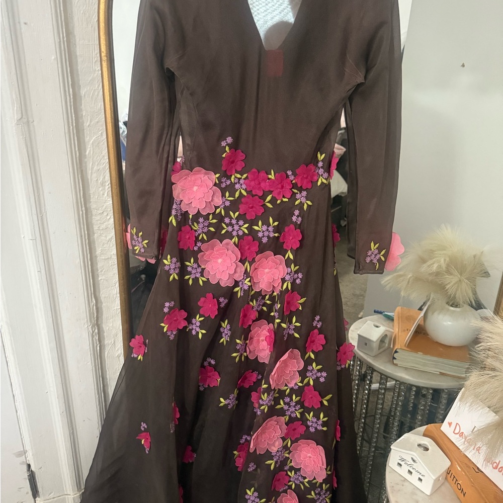Vintage 70s Stavropoulos Sheer Floral Appliqué Maxi Dress Boho Romantic - Picture 7 of 16